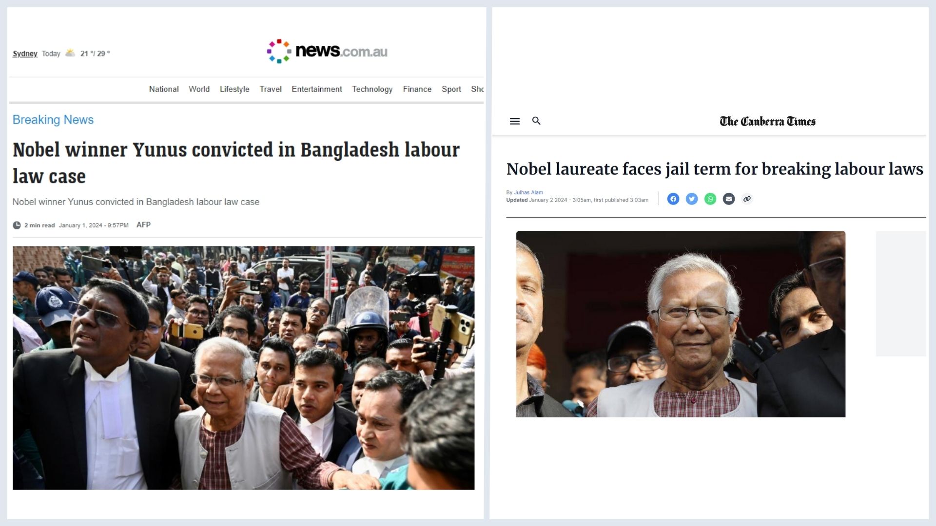 অস্ট্রেলিয়ার গণমাধ্যমে ড. ইউনুসের কারাদণ্ডের রায়