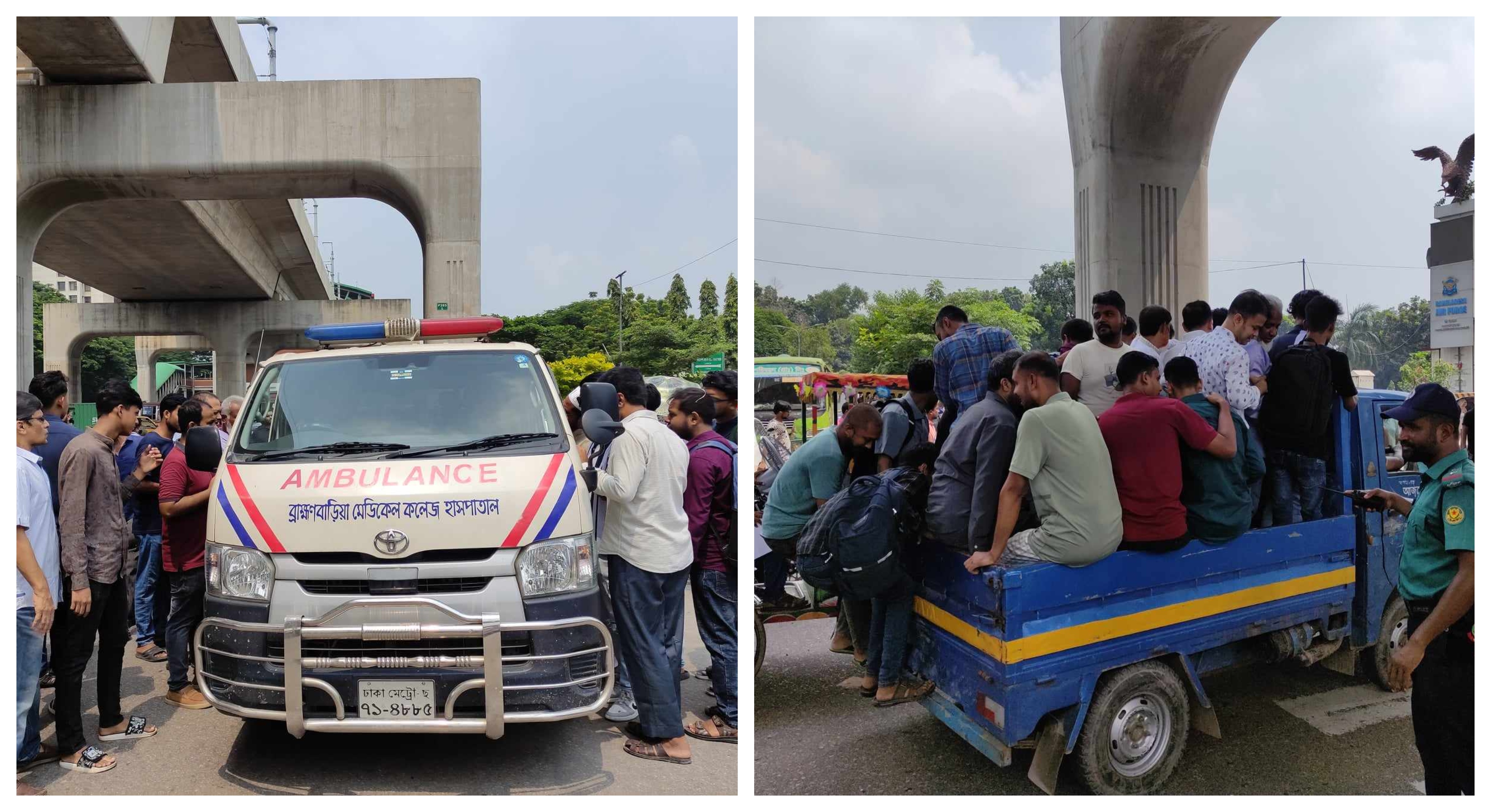 আগারগাঁও–মতিঝিল অংশে মেট্রোরেল বন্ধ, যাত্রীরা বাস না পেয়ে পিকআপ-অ্যাম্বুলেন্সে