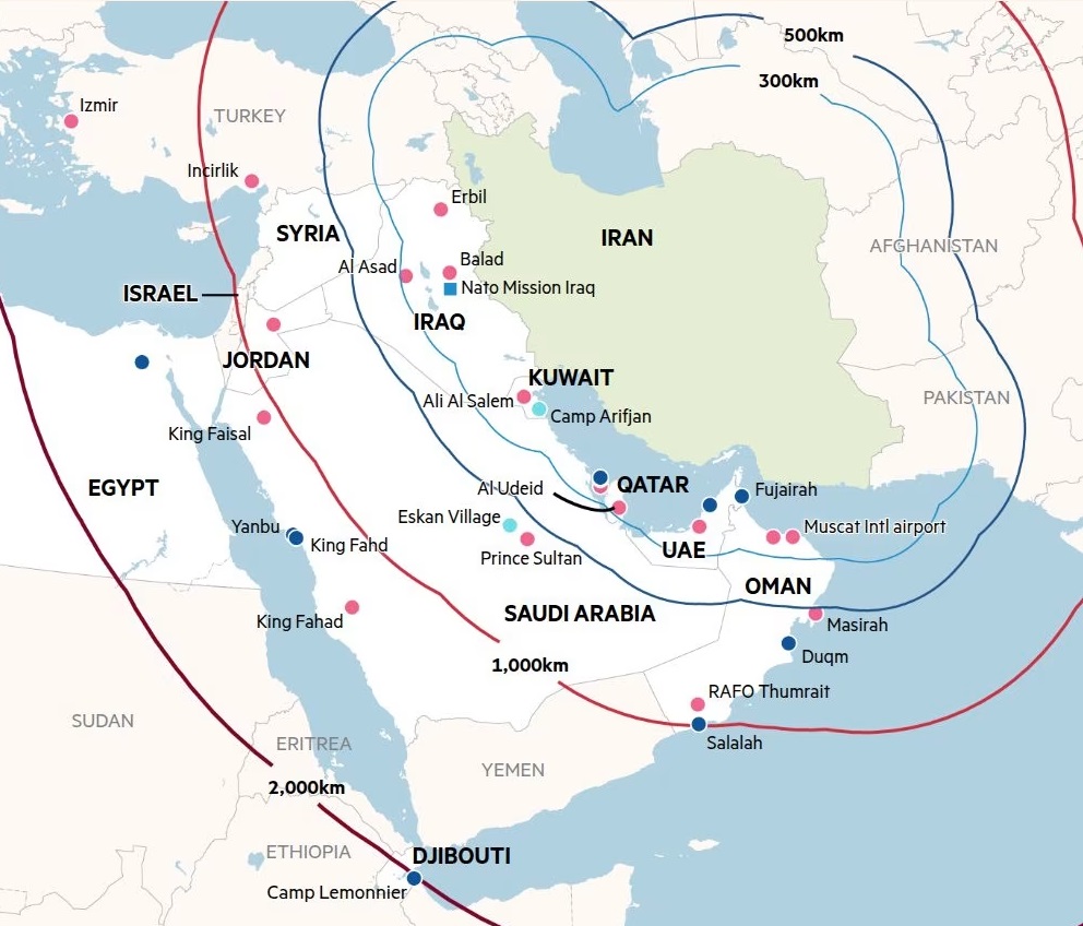 ইরানের ক্ষেপণাস্ত্র রেঞ্জে থাকা মার্কিন ঘাঁটি