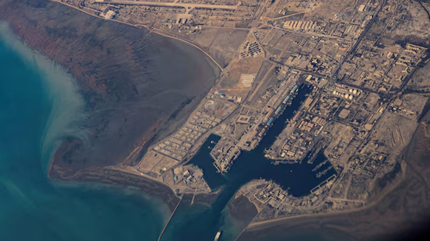 An aerial view of the Iranian shores and Port of Bandar Abbas in the strait of Hormuz