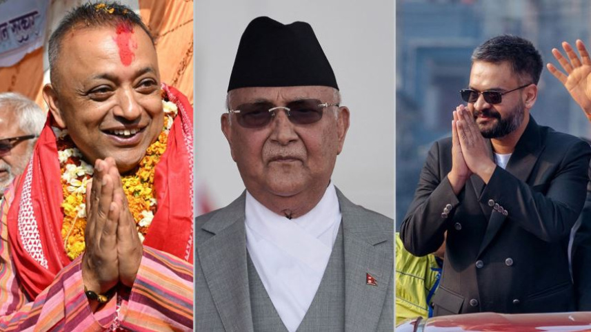  বাম থেকে ডানে-গগণ থাপা, কে পি শর্মা ওলি ও বালেন্দ্র শাহ। ছবি: এএফপি,রয়টার্স 