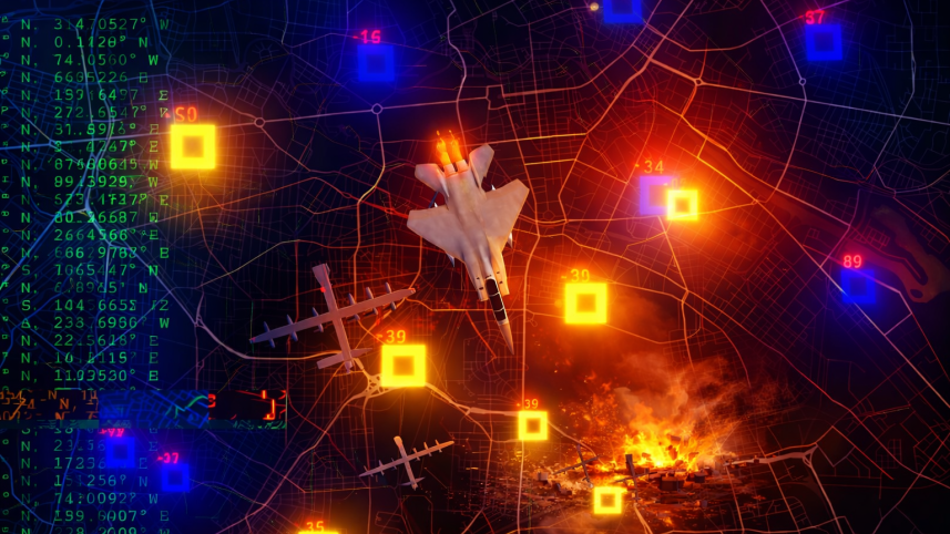 Nighttime city with military aircraft and data