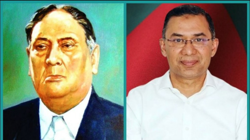 শেরে বাংলা আবুল কাশেম ফজলুল হক ও প্রধানমন্ত্রী তারেক রহমান। কোলাজ : বাসস