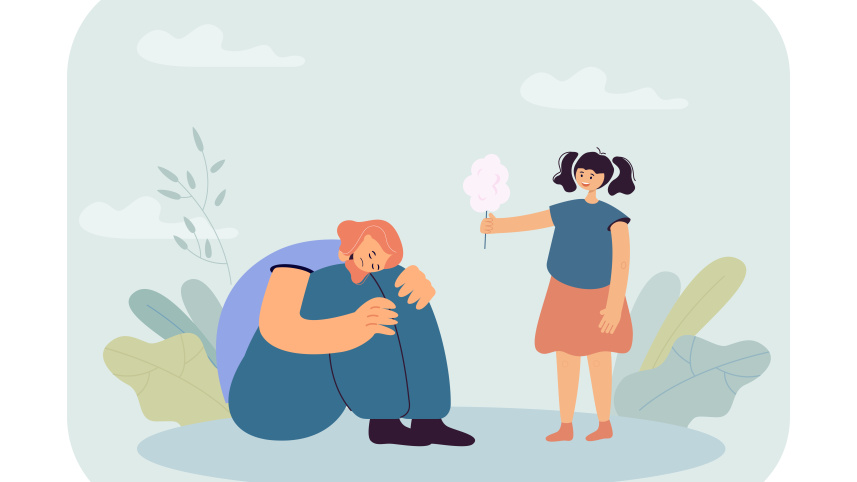 Cute little girl offering cotton candy to sad friend