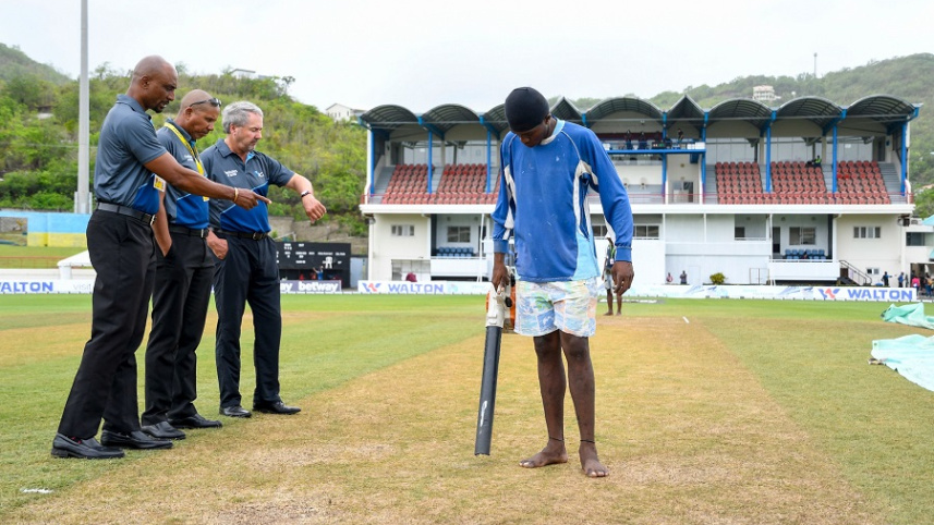 The start of Day 4 has been delayed due to a wet outfield in St Lucia.