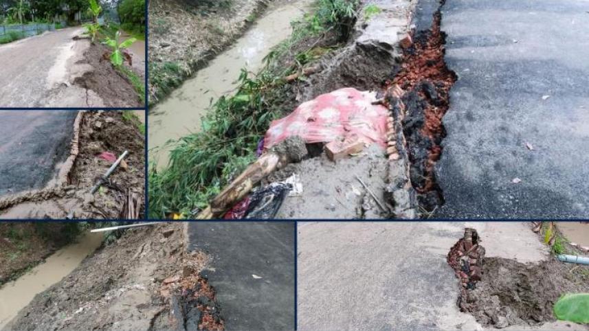 পিচঢালাইয়ের ১ সপ্তাহ পর সড়কের বিভিন্ন স্থানে ধস