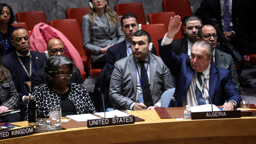 নিরাপত্তা পরিষদে আলজেরিয়ার প্রতিনিধি হাত তুলে সম্মতি জানালেও প্রস্তাবে ভেটো দেন যুক্তরাষ্ট্রের প্রতিনিধি। ছবি: রয়টার্স