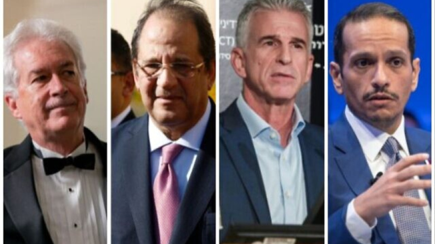 গাজায় যুদ্ধবিরতির চার মধ্যস্থতাকারী। বাম থেকে ডানে সিআইএ প্রধান উইলিয়াম বার্নস, মিশরের গোয়েন্দা প্রধান আব্বাস কামেল, মোসাদ প্রধান ডেভিড বারনিয়া ও কাতারের প্রধানমন্ত্রী মোহামেদ বিন আবদুলরাহমান আল-থানি। কোলাজ ছবি: এএফপি