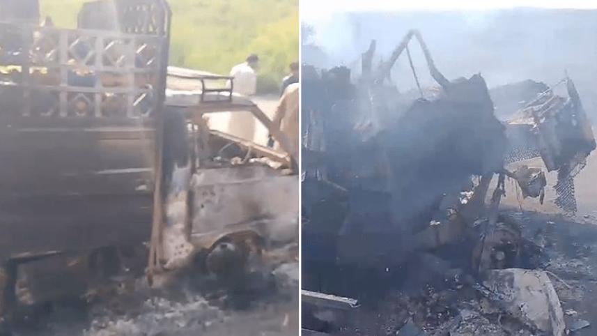 পাকিস্তানে বাস থেকে নামিয়ে যাত্রীদের হত্যার পর বাস-ট্রাকে অগ্নিসংগযোগ করে সন্ত্রাসীরা। ছবি: ডন 