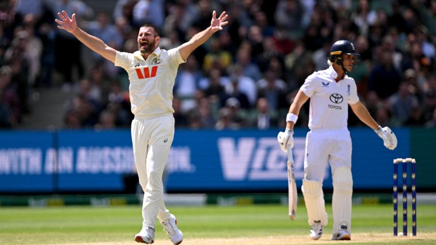 Australian bowler Michael Neser (L) appeals for a decision against England batsman Jacob Bethell (R)