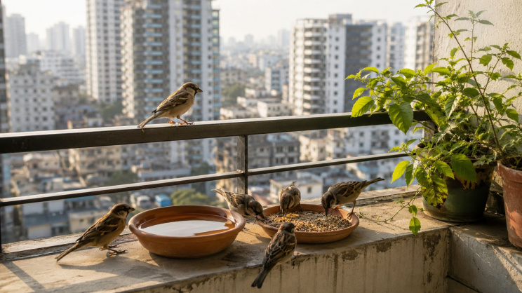 বারান্দায় পাখিদের আমন্ত্রণ জানাতে খাবার ও পানি। ছবি: এআইয়ের সহায়তায় তৈরি