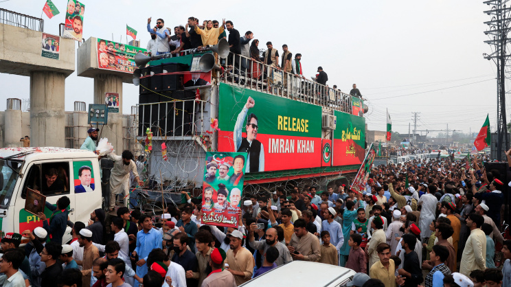 Supporters of former Pakistani Prime Minister Imran Khan's party, Pakistan Tehreek-e-Insaf (PTI), take part in a protest march lead by Sohail Afridi, Chief Minister of Khyber Pakhtunkhwa province, demanding Khan's release and calling for the supremacy of the Constitution and the rule of law across the country, on the outskirts of Peshawar, Khyber Pakhtunkhwa province, Pakistan, October 9, 2026. REUTERS