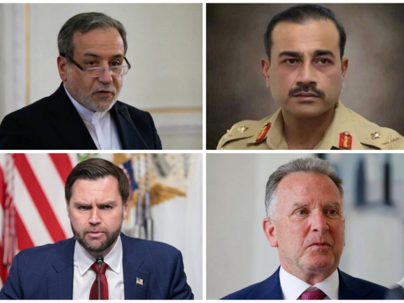 ঘড়ির কাটা অনুসারে: আব্বাস আরাঘচি, আসিম মুনির, স্টিভ উইটকফ ও জেডি ভ্যান্স। কোলাজ ছবি: রয়টার্স-এএফপি