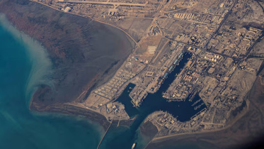 An aerial view of the Iranian shores and Port of Bandar Abbas in the strait of Hormuz