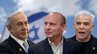 ডান থেকে বাঁয়ে: নেতানিয়াহু, সাবেক প্রধানমন্ত্রী নাফতালি বেনেট ও বিরোধীদলের নেতা ইয়াইর লাপিদ। ছবি: সংগৃহীত