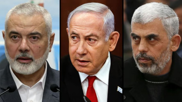 বাম থেকে ডানে: হামাসের শীর্ষ রাজনৈতিক নেতা হানিয়ে, ইসরায়েলি প্রধানমন্ত্রী নেতানিয়াহু ও গাজায় হামাস-প্রধান সিনওয়ার। ছবি: রয়টার্স/কোলাজ