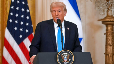 সংবাদ সম্মেলনে ট্রাম্প। ছবি: এএফপি